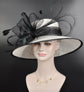 Wide Brim Sinamay Kentucky Derby Hat: White & Black Feathered Tea Party Hat