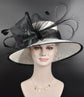Wide Brim Sinamay Kentucky Derby Hat: White & Black Feathered Tea Party Hat