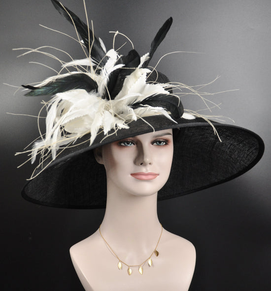 Wide Brim Kentucky Derby Hat, Ascot Hat for Wedding & Tea Party, Garden Party Hat, Mother of the Bride, Church Black w White