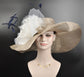 Taupe Sinamay Kentucky Derby Hat: Ivory Silk Flower, Feathers