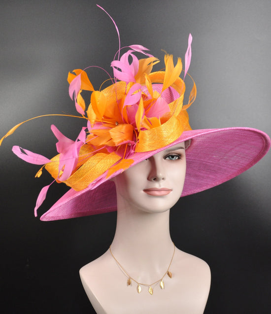 Pink Sinamay Kentucky Derby Hat, Orange & Green Feather Flower
