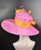 Pink Sinamay Kentucky Derby Hat, Orange & Green Feather Flower