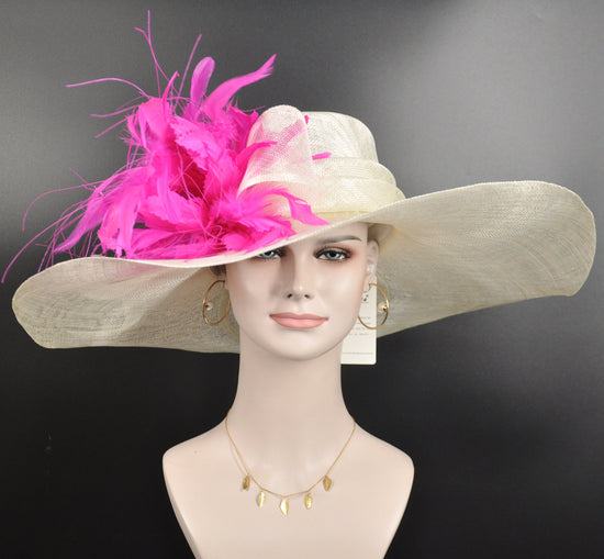 Ivory Sinamay Derby Hat: Fuchsia Feather Flower Wide Brim