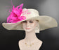 Ivory Sinamay Kentucky Derby Hat: Fuchsia Feather Flower Wide Brim