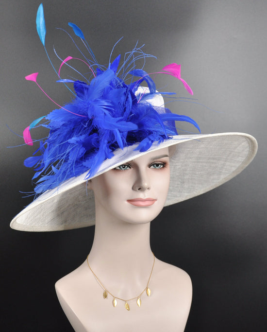 Church Kentucky Derby Hat Carriage Tea Party Wedding Wide Brim  Royal Ascot Horse Race Oaks day hat White with Royal Blue Fuchsia Teal Blue