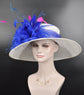 Church Kentucky Derby Hat Carriage Tea Party Wedding Wide Brim  Royal Ascot Horse Race Oaks day hat White with Royal Blue Fuchsia Teal Blue