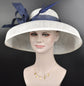 Audrey Hepburn Style Dome Hat Kentucky Derby Hat Tea Party Carriage Party  3 Layers  Wide Brim  Sinamay Hat White w Navy Blue