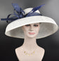 Audrey Hepburn Style Dome Hat Kentucky Derby Hat Tea Party Carriage Party  3 Layers  Wide Brim  Sinamay Hat White w Navy Blue