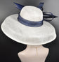 Audrey Hepburn Style Dome Hat Kentucky Derby Hat Tea Party Carriage Party  3 Layers  Wide Brim  Sinamay Hat White w Navy Blue
