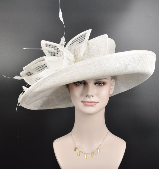 Church, Derby Hat ,Carriage, Tea Party, Wedding, Wide Brim Sinamay Hat, Royal Ascot Hat, Horse Race Hat, Oaks day hat White