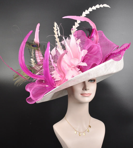 Sinamay Kentucky Derby Hat: White Wide Brim Feathered Tea Party Hat
