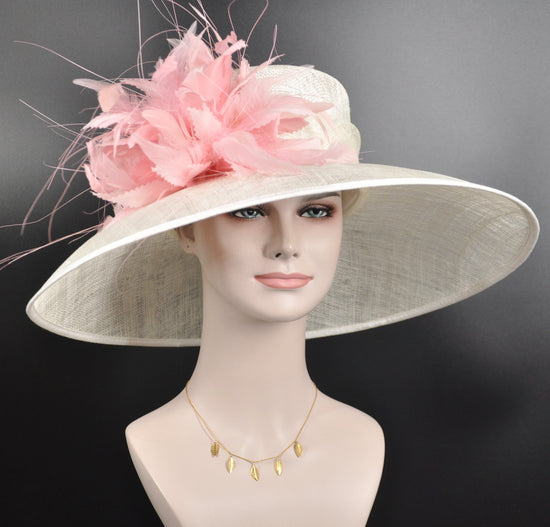 Sinamay Kentucky Derby Hat: Wide Brim Tea Party Wedding Hat with Pink Feather