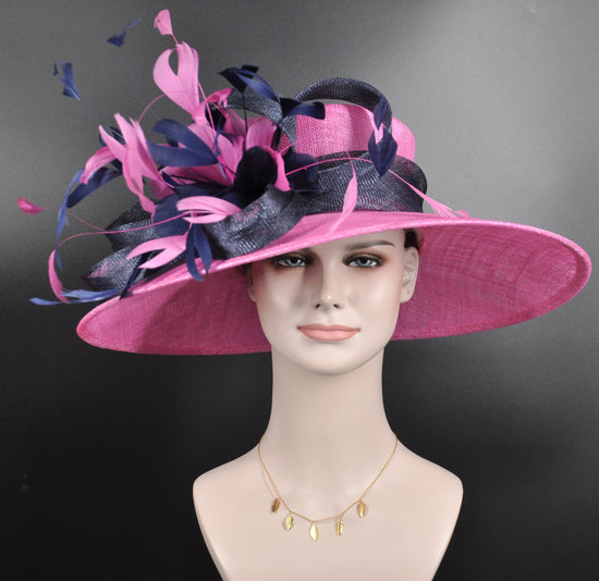 Sinamay Derby Hat: Navy & Hot Pink Feather Ascot Hat