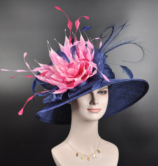 Navy Blue Sinamay Kentucky Derby Hat: Pink Feather Ascot Hat