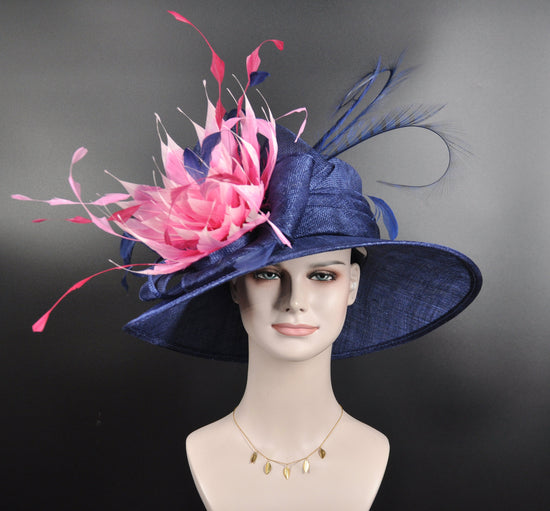 Navy Blue Sinamay Derby Hat: Pink Feather Ascot Hat