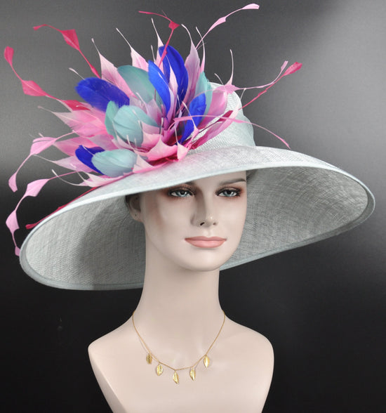 Powder Blue Sinamay Kentucky Derby Hat: Feather Flower Wide Brim
