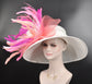 Wide Brim Kentucky Derby Hat, Ascot Hat for Wedding & Tea Party, Garden Party Hat, Mother of the Bride, Church-White Fuchsia Pink Peach