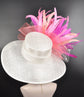 Wide Brim Kentucky Derby Hat, Ascot Hat for Wedding & Tea Party, Garden Party Hat, Mother of the Bride, Church-White Fuchsia Pink Peach