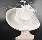 White Sinamay Derby Hat: Feather Flower, Wide Brim