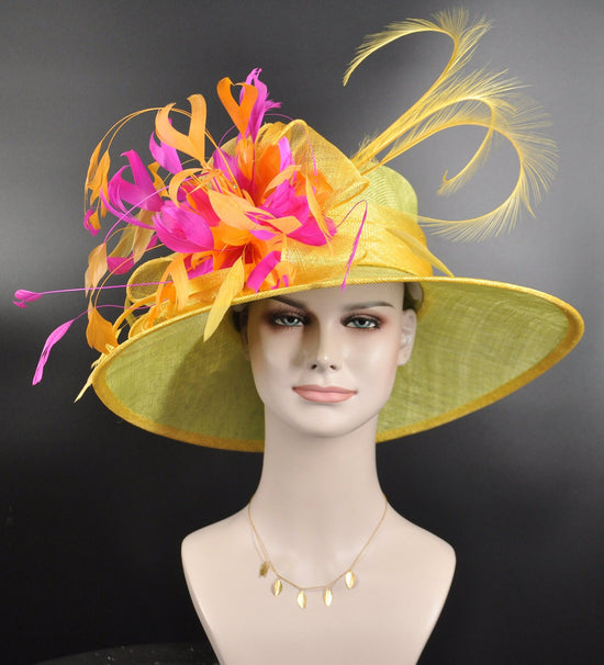 Wide Brim Sinamay Derby Hat: Green, Yellow & Fuchsia Feather Accent