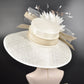 Wide Brim Sinamay Derby Hat: Ivory Feather Flower, Tea Party Wedding