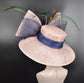 Blush Pink Sinamay Derby Hat: Navy Feather Flowers, Wide Brim