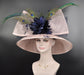 Blush Pink Sinamay Derby Hat: Navy Feather Flowers, Wide Brim