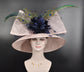 Blush Pink Sinamay Derby Hat: Navy Feather Flowers, Wide Brim