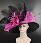 Wide Brim Sinamay Derby Hat: Black, Fuchsia, Feather Flower