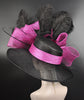 Wide Brim Sinamay Derby Hat: Black, Fuchsia, Feather Flower