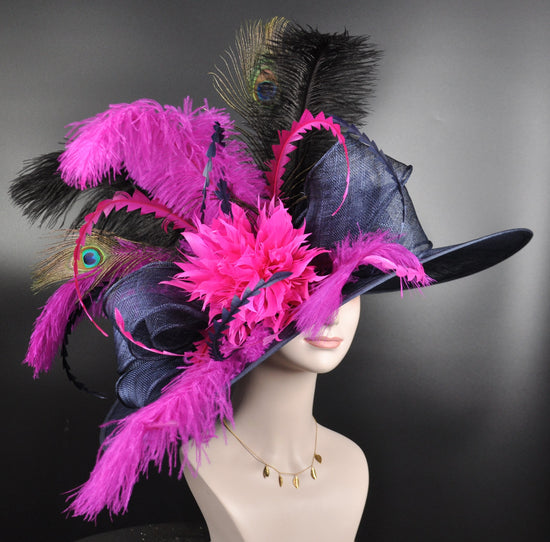 Navy Blue Feather Flower Peacock Royal Ascot, Oaks day hat, Carriage, Tea Party ,Wedding, Kentucky Derby Hat Party Hat Ostrich Feather