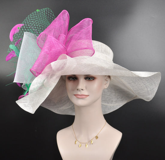 Wide Brim Sinamay Derby Hat: Fuchsia, Pink & Green