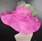 Fuchsia Sinamay Derby Hat: Green Silk Flower Wide Brim