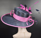Sinamay Kentucky Derby Hat: Navy Blue Wide Brim with Fuchsia Flowers