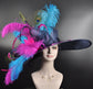 Navy Blue Teal Blue Fuchsia Feather Flower Peacock  Oaks day hat, Carriage, Tea Party ,Wedding, Kentucky Derby Hat Party Hat Ostrich Feather