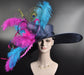 Navy Blue Teal Blue Fuchsia Feather Flower Peacock  Oaks day hat, Carriage, Tea Party ,Wedding, Kentucky Derby Hat Party Hat Ostrich Feather
