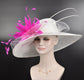 Wide Brim Sinamay Derby Hat: White with Fuchsia Flower