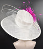 Wide Brim Sinamay Derby Hat: White with Fuchsia Flower