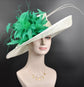 Wide Brim Sinamay Derby Hat: Ivory & Kelly Green Feather Ascot Hat