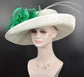 Wide Brim Sinamay Derby Hat: Ivory & Kelly Green Feather Ascot Hat