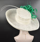 Wide Brim Sinamay Derby Hat: Ivory & Kelly Green Feather Ascot Hat
