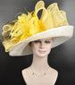 Wide Brim Sinamay Derby Hat: White & Yellow Feather Ascot Hat