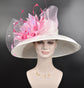 Wide Brim Sinamay Derby Hat: White with Pink Feather Flower