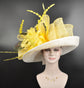 Wide Brim Sinamay Derby Hat: White & Yellow Feather Kentucky Oaks Hat