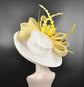 Wide Brim Sinamay Derby Hat: White & Yellow Feather Kentucky Oaks Hat