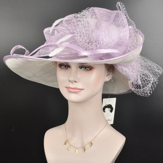 Lavender Kentucky Derby Hat: White Sinamay Wide Brim Feathered Hat