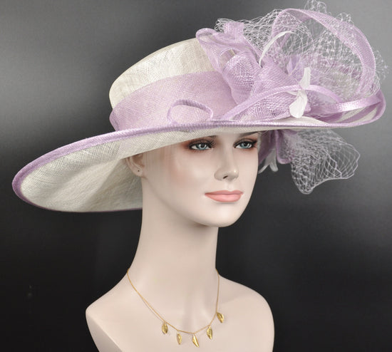 Lavender Derby Hat: White Sinamay Wide Brim Feathered Hat