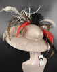 Wide Brim Sinamay Derby Hat: Taupe, Red, Black Feather Flower