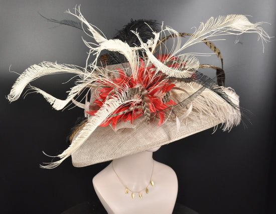 Wide Brim Sinamay Derby Hat: Taupe, Red, Black Feather Flower