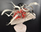 Wide Brim Sinamay Derby Hat: Taupe, Red, Black Feather Flower
